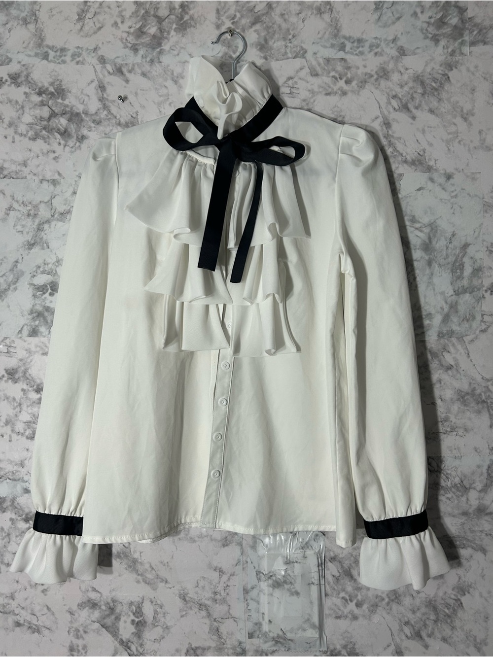 Soda White Ruffled Button-Down Blouse with Black Bow